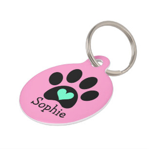 Placa Para Mascotas Pawprint negro con personalizado azul del corazón
