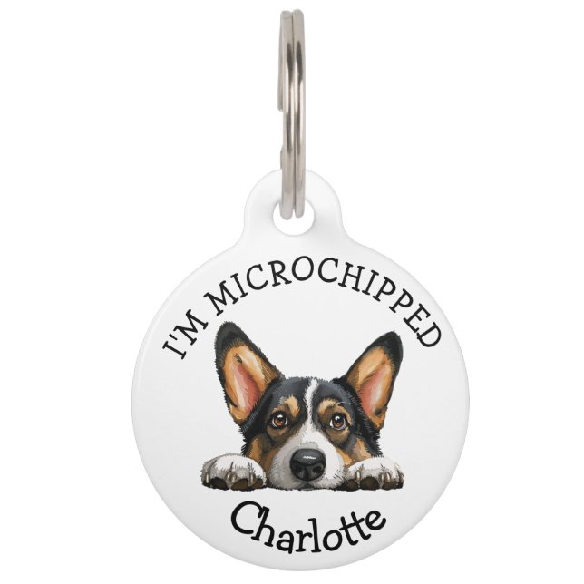 Placa Para Mascotas Peeking Black Corgi Puppy Personalizado (Anverso)
