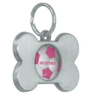 Placa Para Mascotas Pelota de fútbol de personalizable rosa y blanca