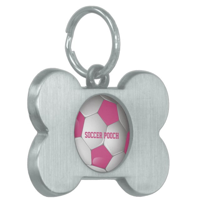 Placa Para Mascotas Pelota de fútbol de personalizable rosa y blanca (Frente Izquierda)