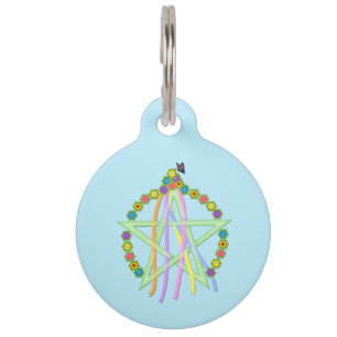 Placa Para Mascotas Pentagrama de Beltane con cintas y flores pasteles