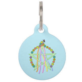 Placa Para Mascotas Pentagrama de Beltane con cintas y flores pasteles