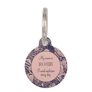 Placa Para Mascotas Pequeño Botánico Personalizado Rosa y Púrpura
