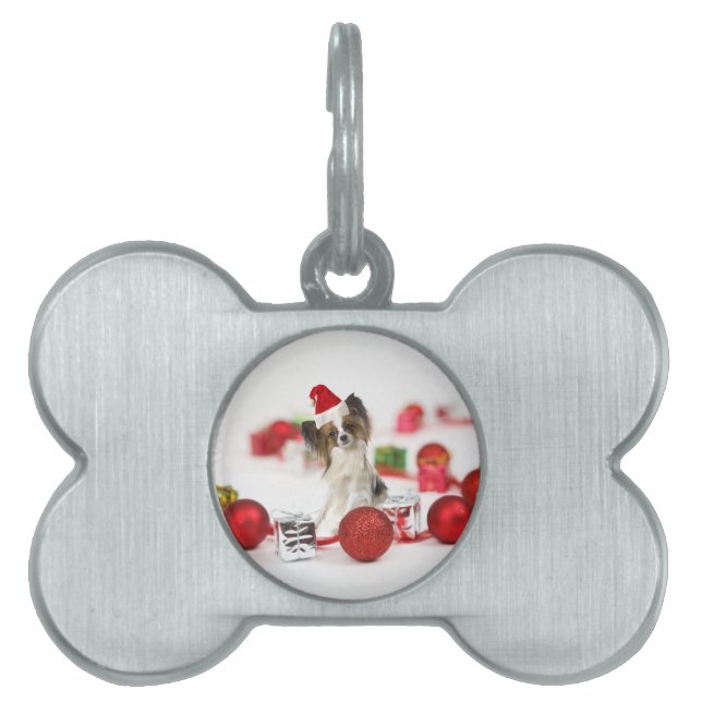 Placa Para Mascotas Perrito Papillon Lindo Sombrero de Santa de Navida (Frente)