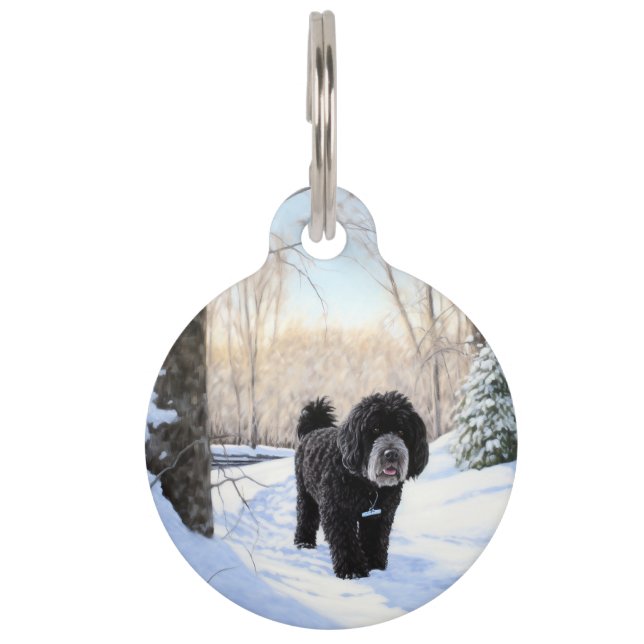 Placa Para Mascotas Perro acuático portugués deja que nieve Navidades (Anverso)