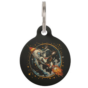 Placa Para Mascotas Perro astronauta Bulldog Francés en nave espacial