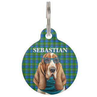 Placa Para Mascotas Perro Basset Hound y Plaid Azul Personalizado