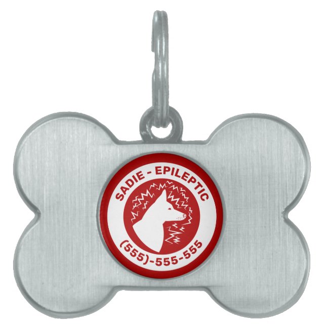 Placa Para Mascotas Perro blanco con alerta de epilepsia e información (Frente)