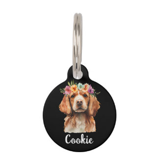 Placa Para Mascotas Perro Brittany Spaniel Acuarela Flor 