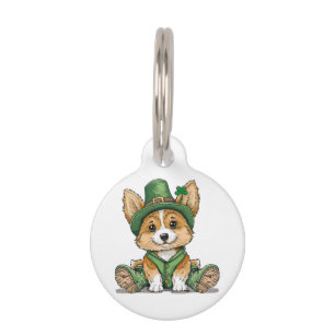 Placa Para Mascotas Perro Corgi del Día de San Patricio