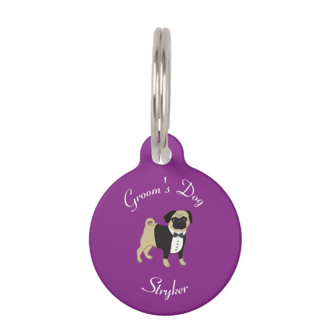 Placa Para Mascotas Perro de Groom con pug en Tuxedo en morado (Anverso)
