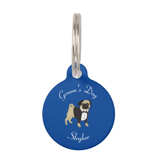 Placa Para Mascotas Perro de Groom con pug en Tuxedo sobre azul (Anverso)