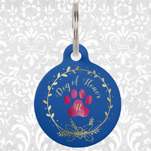 Placa Para Mascotas Perro de honor Fuchsia Paw impreso en azul