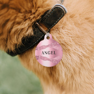 Placa Para Mascotas Perro de nombre de mármol rosa de ágata