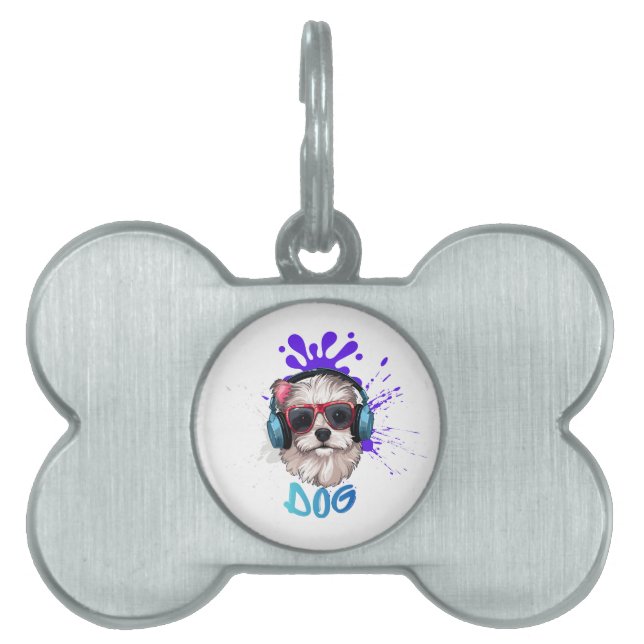 Placa Para Mascotas Perro genial con auriculares y gafas de sol – DJ c (Frente)