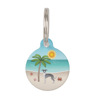 Placa Para Mascotas Perro Iggy Blanco y Azul En Una Playa Tropical De