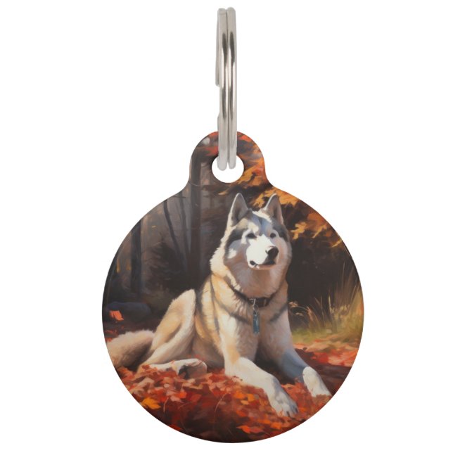 Placa Para Mascotas Perro lobo siberiano en otoño inspira caída de hoj (Anverso)