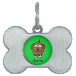 Placa Para Mascotas Perro marrón con hueso personalizado en verde