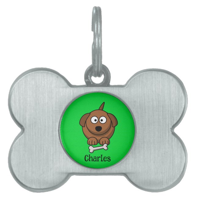 Placa Para Mascotas Perro marrón con hueso personalizado en verde (Frente)