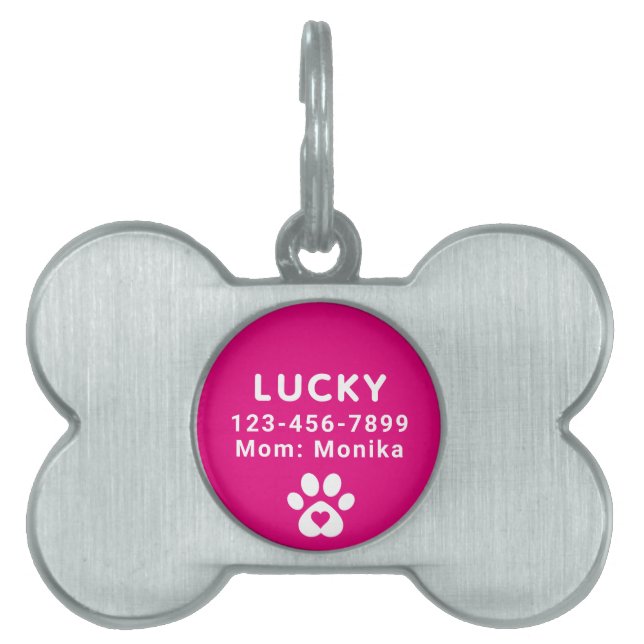 Placa Para Mascotas Perro moderno personalizado nombre de perro rosado (Frente)