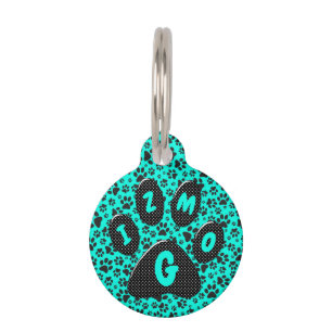 Placa Para Mascotas Perro Paws Black and White Polka Dot en cian vivo