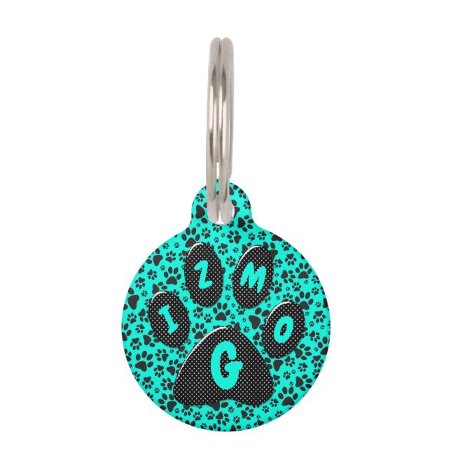 Placa Para Mascotas Perro Paws Black and White Polka Dot en cian vivo (Anverso)