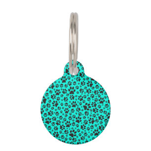 Placa Para Mascotas Perro Paws Black and White Polka Dot en cian vivo