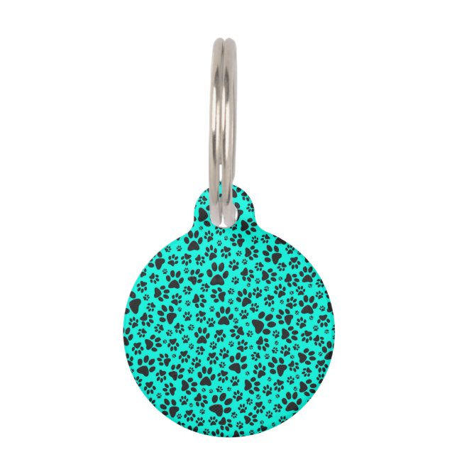 Placa Para Mascotas Perro Paws Black and White Polka Dot en cian vivo (Anverso)