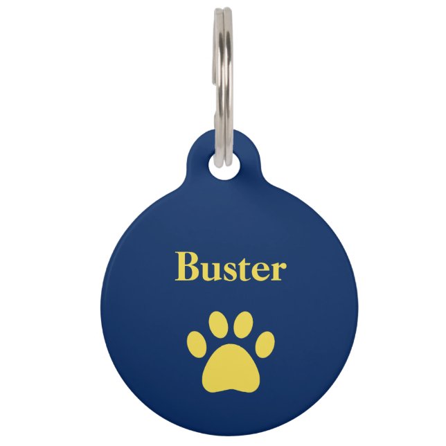 Placa Para Mascotas Perro personalizado Paw Imprimir amarillo azul (Anverso)