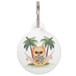 Placa Para Mascotas Perro Pomeraniano En Una Camisa Hamaca Hawaiana