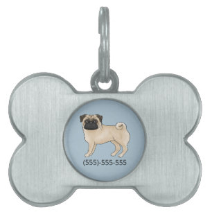Placa Para Mascotas Perro Pug cervatillo Limpia con número de teléfono