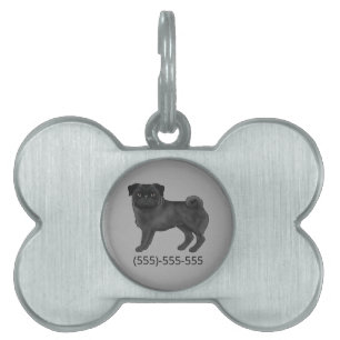 Placa Para Mascotas Perro Pug Negro Lindo Fregona Perro Con Número de 