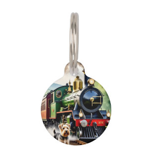 Placa Para Mascotas Perro saludando tren de vapor