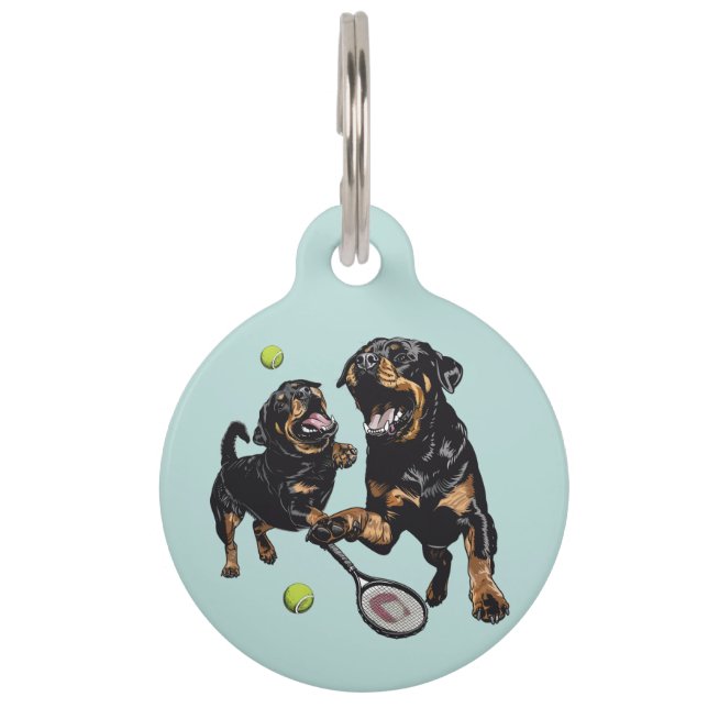 Placa Para Mascotas Perros Rottweiler Lindos Jugando Tenis (Anverso)