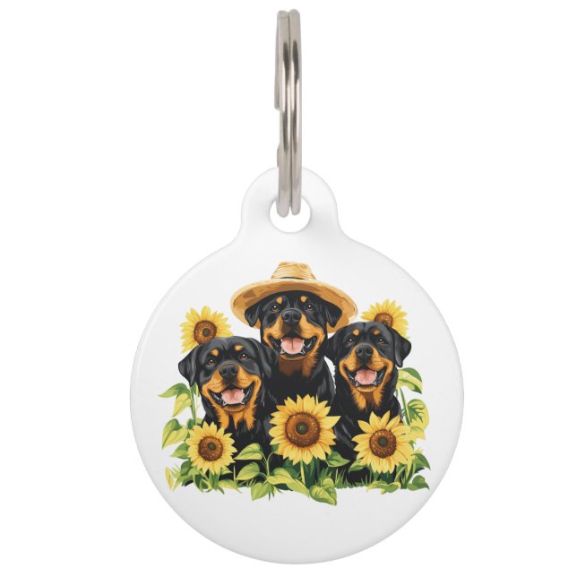 Placa Para Mascotas Perros Rottweiler Rodeados De Sunflowers (Anverso)