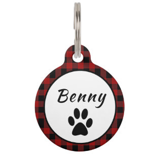 Placa Para Mascotas Personaliza Cuadro de Búfalo Rojo y Negro