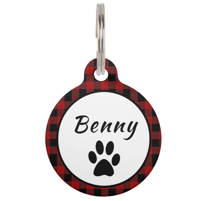 Placa Para Mascotas Personaliza Cuadro de Búfalo Rojo y Negro  (Anverso)