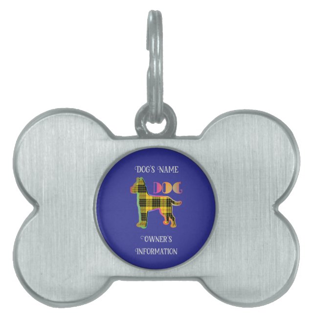 Placa Para Mascotas Personaliza el hueso de perro azul profundo amaril (Frente)
