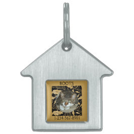 Placa Para Mascotas Personaliza Hoja de Oro Falso en Gato Negro