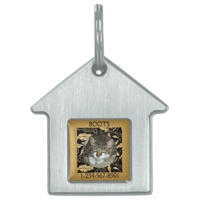 Placa Para Mascotas Personaliza la hoja de oro falsa en gato negro (Frente)