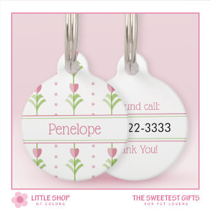 Placa Para Mascotas Personalizable de Punto de Polka Floral Rosa