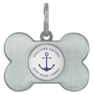 Placa Para Mascotas Personalizado blanco azul de anclaje náutico bienv