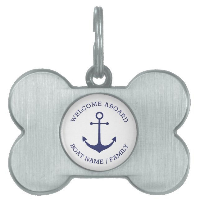 Placa Para Mascotas Personalizado blanco azul de anclaje náutico bienv (Frente)