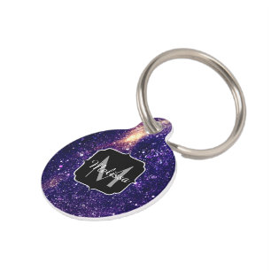 Placa Para Mascotas Personalizado de galaxia abstracta violeta monogra