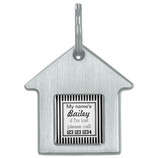 Placa Para Mascotas Personalizado de rayas negras y blancas (Frente)