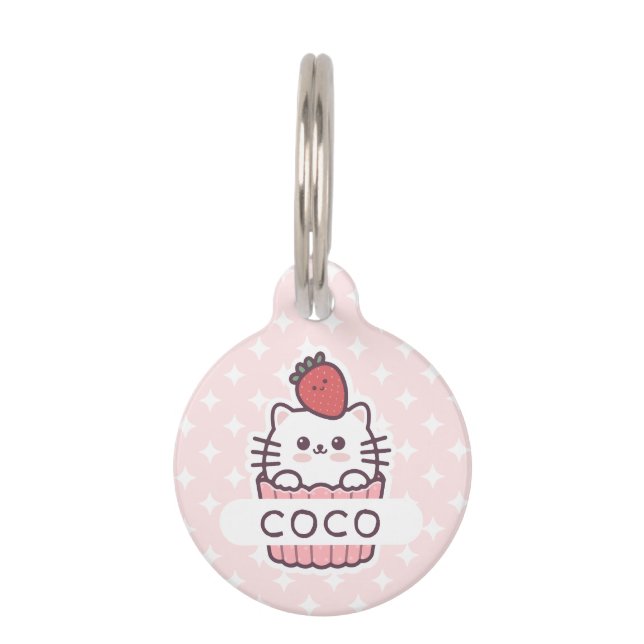 Placa Para Mascotas Personalizado de tarta de gatos de fresa de Kawaii (Anverso)