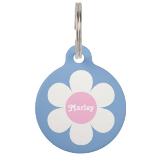 Placa Para Mascotas Personalizado Flower Power Daisy rosa y azul