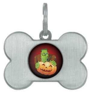 Placa Para Mascotas Personalizado Frankenstein con Calabaza