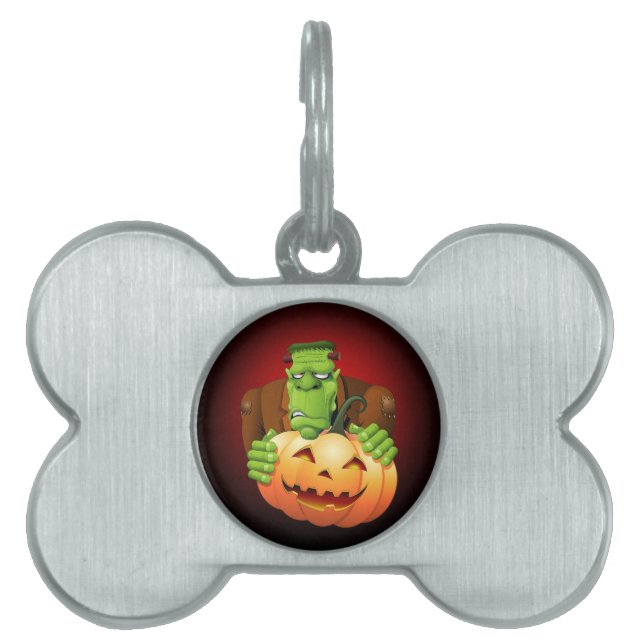 Placa Para Mascotas Personalizado Frankenstein con Calabaza (Frente)