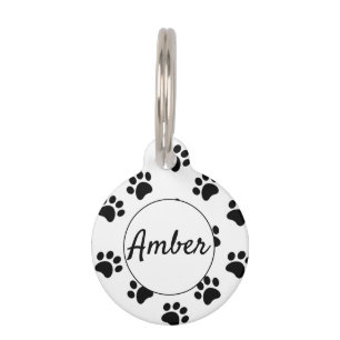 Placa Para Mascotas Personalizado Huella de Pata Simple Blanco Negro